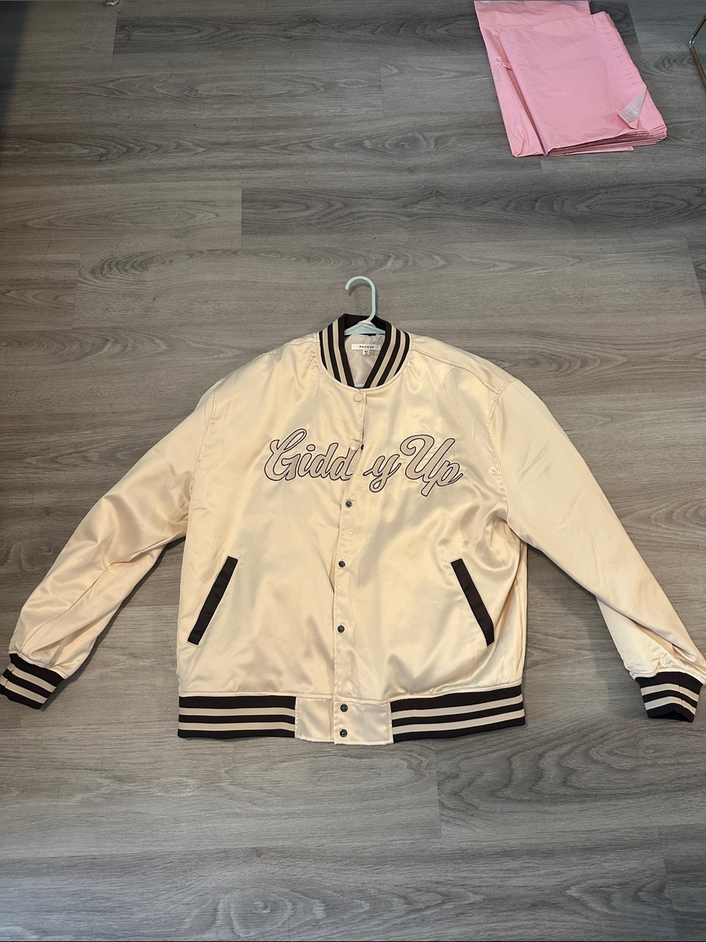 PacSun Cream Satin Bomber Jacket with Black Trim